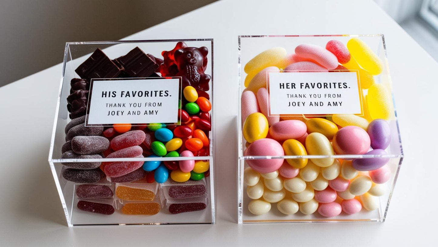 Custom candy box party favor with reusable acrylic cube and personalized design.