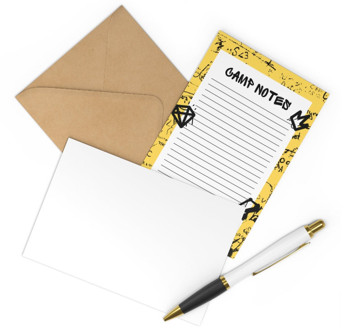 Pack of 10 Yellow Graffiti Camp Notes fill-in stationery cards and envelopes. Each A7 size flat notecard measures 5" x 7" and is digitally printed on smooth, heavyweight paper. Perfect for personalized notes and correspondence.