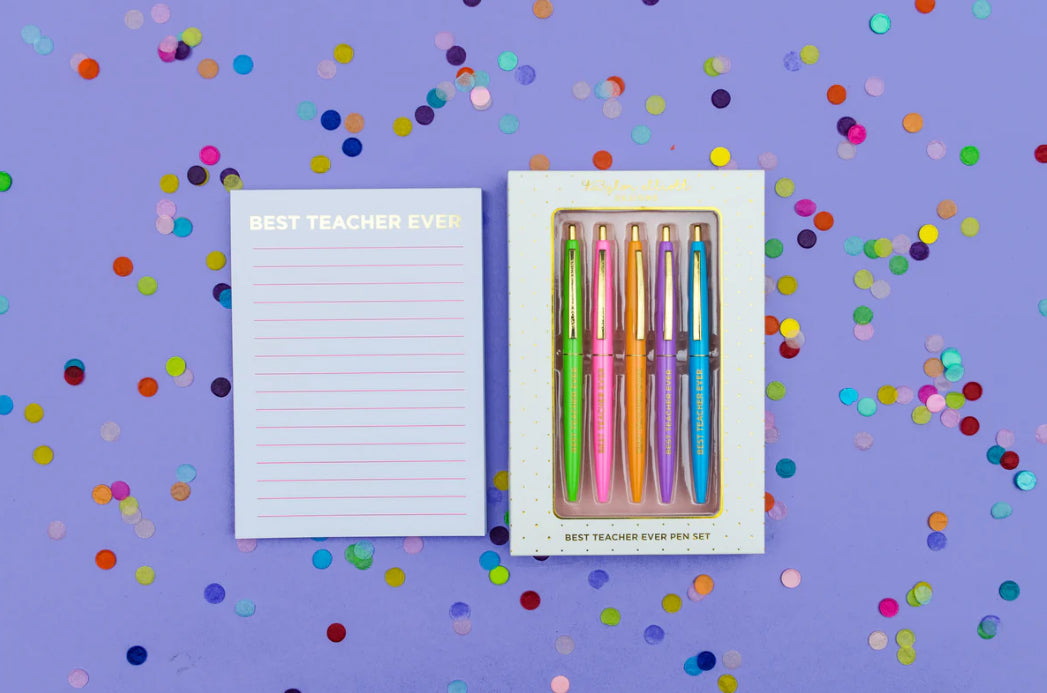 Set of 5 colorful "Best Teacher Ever" pens with matching ink colors. Medium ballpoint pens in a white gift box with gold foil dots, perfect for teacher appreciation gifts.