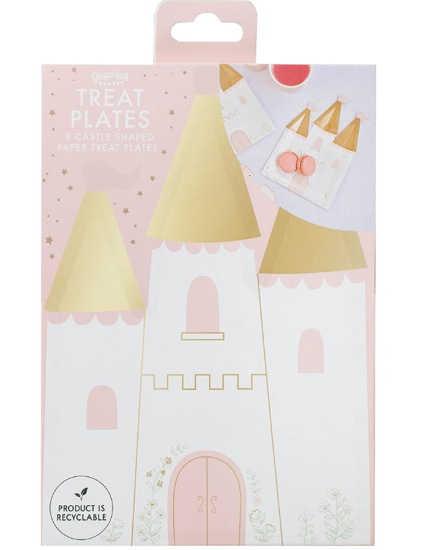 Castle-shaped pink and gold paper plates for princess-themed birthday parties.