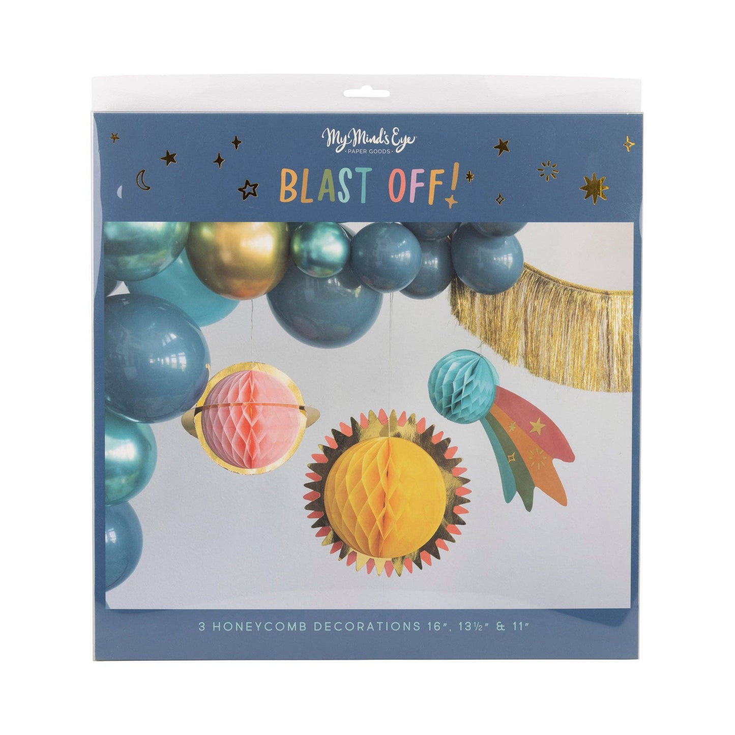 Space birthday party decor, honeycomb planets in 3 sizes with gold foil and hanging design