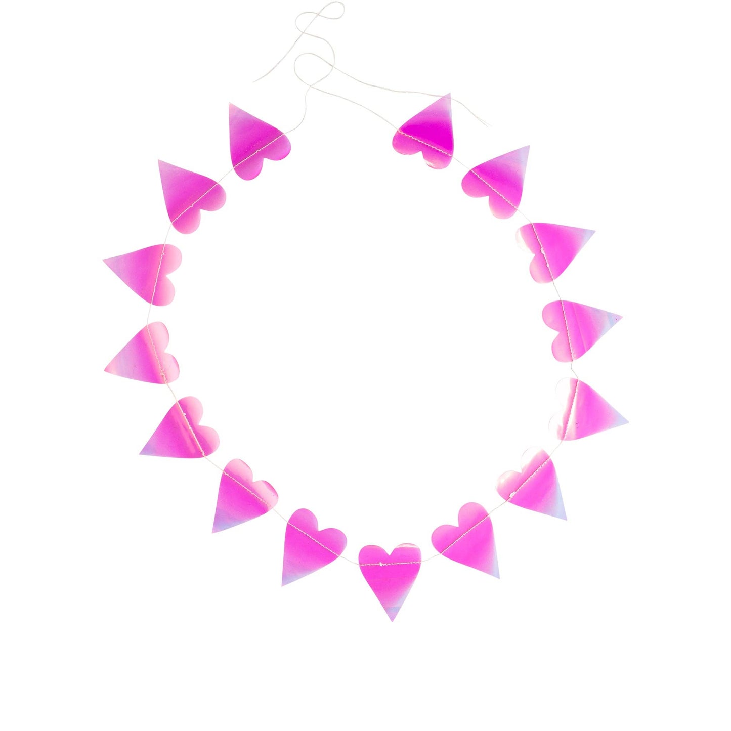  Love will be in the air this Valentine's Day when you hang this pink heart banner. Featuring acetate die cut hearts, this banner is a unique way to .add some love to both Valentine's and Galentines parties this year. • banner is approximately 4 feet long • 15 - 2.5 x 3" heart banner pieces • pre-stitched • made from iridescent material • double-sided