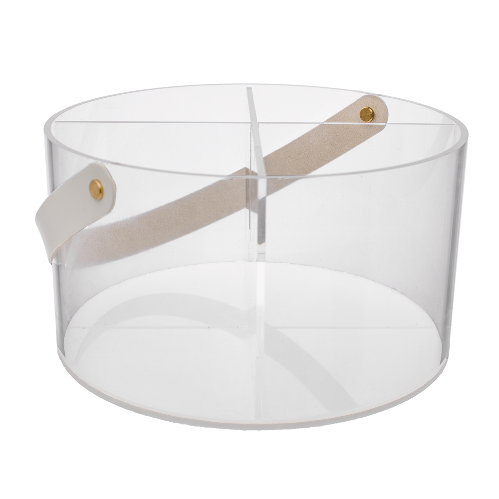 Chic lucite caddy with leatherette straps, perfect for kitchen storage & tabletop organization.