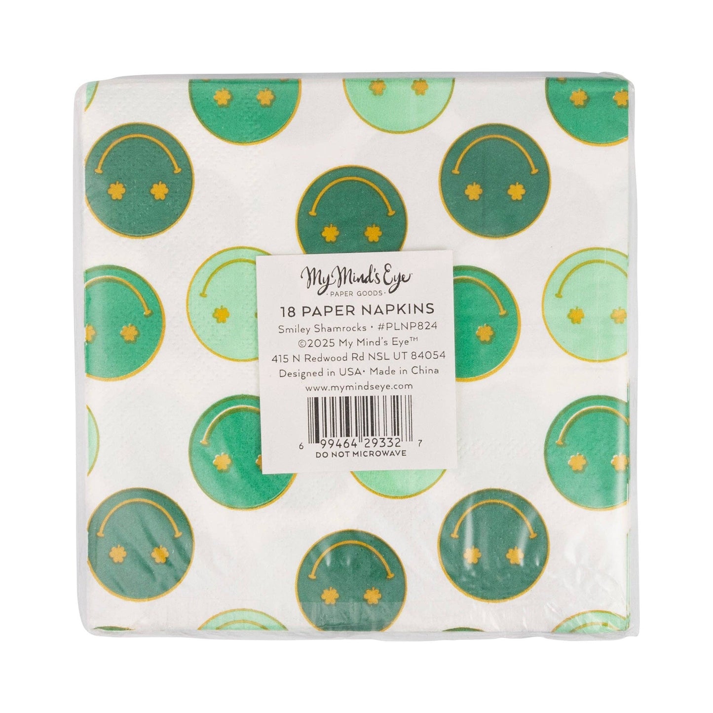Set of 18 St. Patrick’s Day cocktail napkins – 5"x5" with gold foil smiling shamrocks, festive & fun!