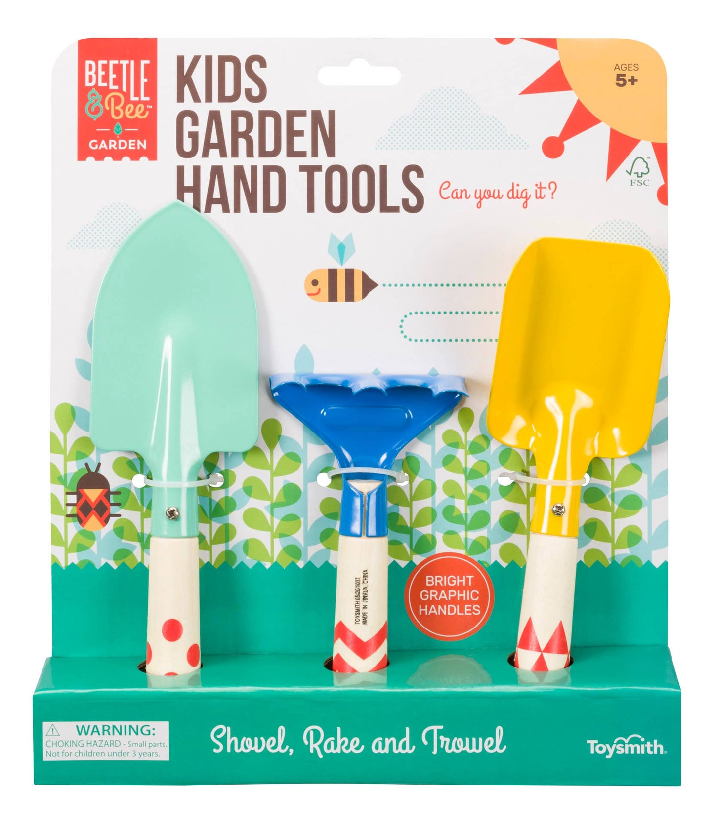 Beetle & Bee Garden 3-piece kids' gardening tool set with shovel, rake, and trowel, perfect for ages 5+.