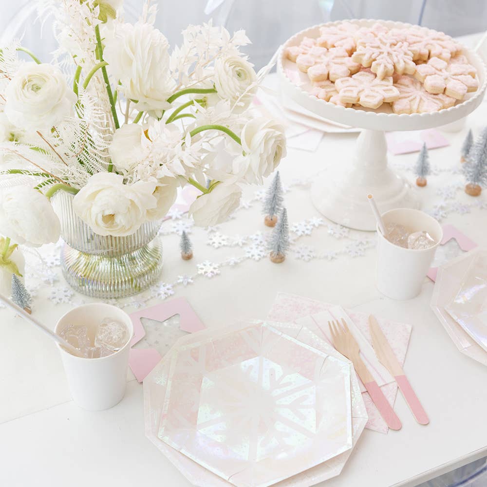 Frosty snowflake paper cups for winter birthdays and festive cocoa bars