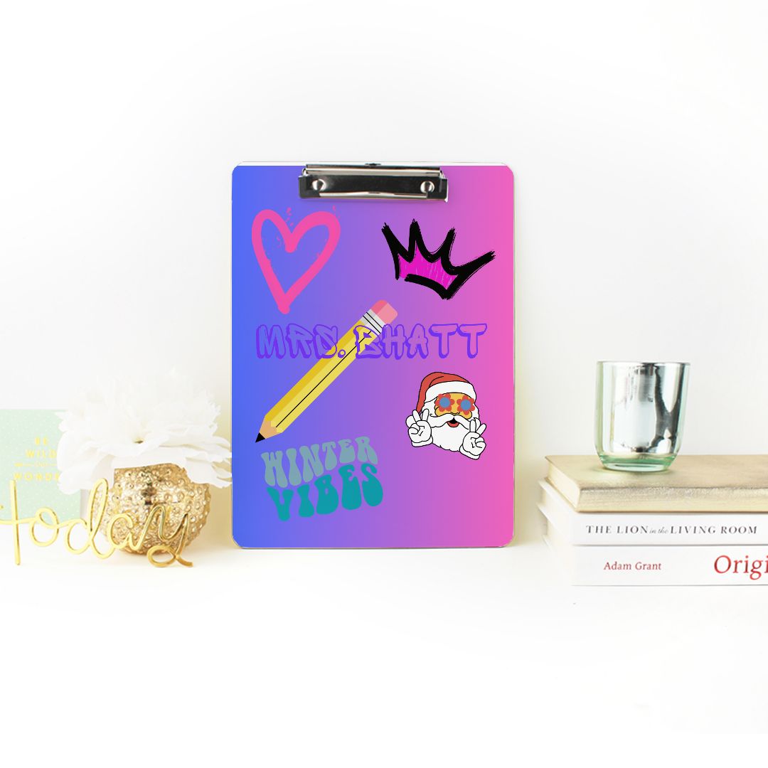 Customizable clipboard with polished chrome clip, perfect for keeping papers organized. A thoughtful gift for teachers, ideal for handwritten notes, letters, and stationery. Personalize with background, font, and graphics for a unique teacher appreciation gift for the holidays, Christmas, Hanukkah, or any special occasion. Size: 9″ x 12.5″, made in the USA.