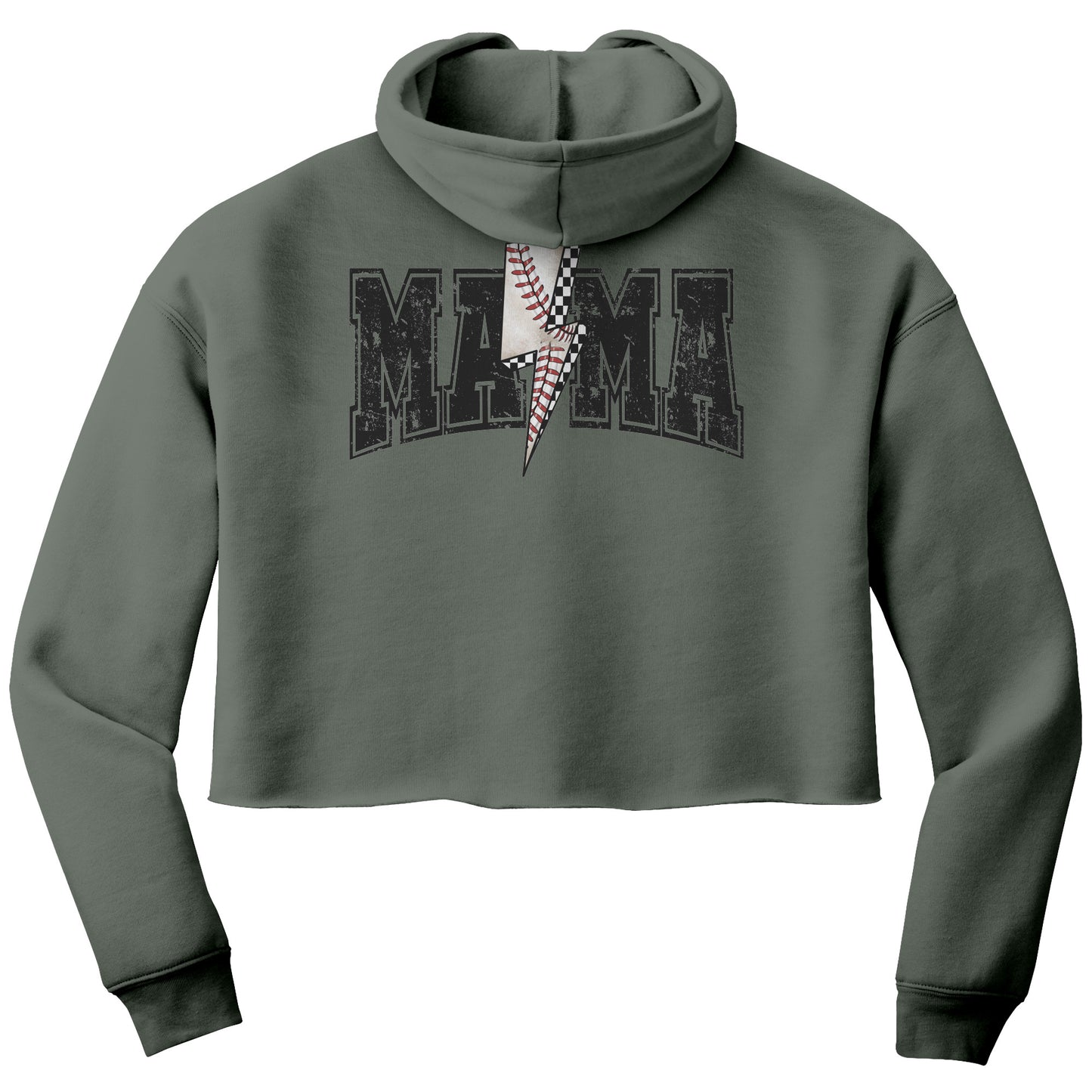 Cropped sweatshirt with "Baseball Mama" text, designed for game days. Stylish and cozy, perfect for cheering on young baseball players.