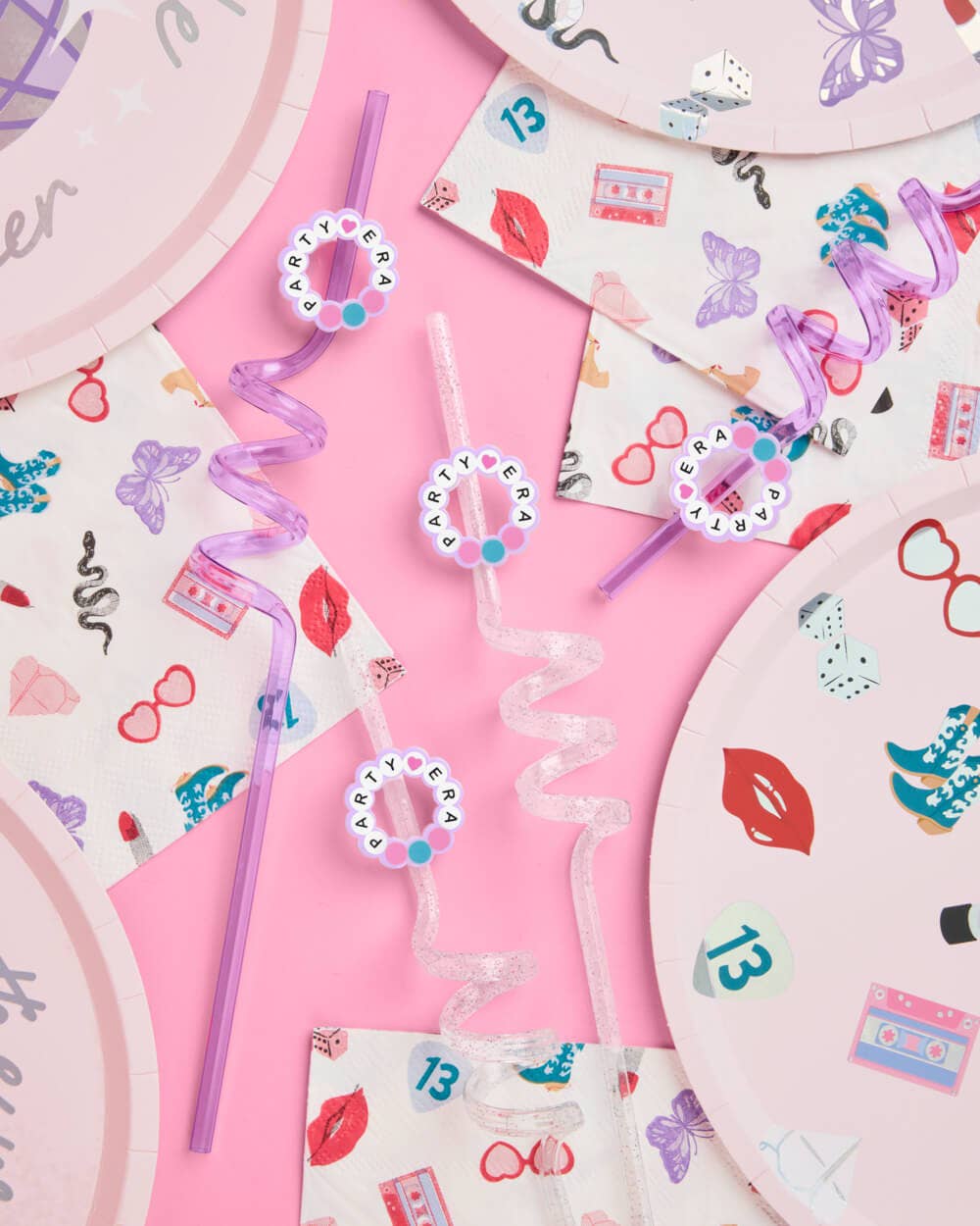 Era-themed party straws with bracelet charms