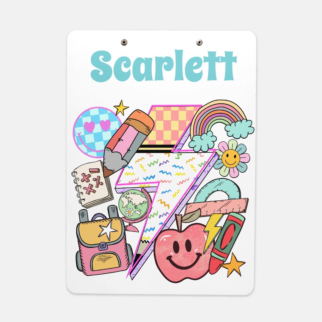 Custom clipboard personalized with a name, designed for teachers and students. Available in various colors, this cute clipboard features a smooth hard surface for writing and a chrome clip for holding activity sheets. Perfect as a back-to-school gift or second-grade graduation present, it helps keep documents, homework assignments, and notes organized. The cheerful design on the front and back adds a fun touch, making it an ideal classroom organization tool for second-grade teachers and teaching assistants.