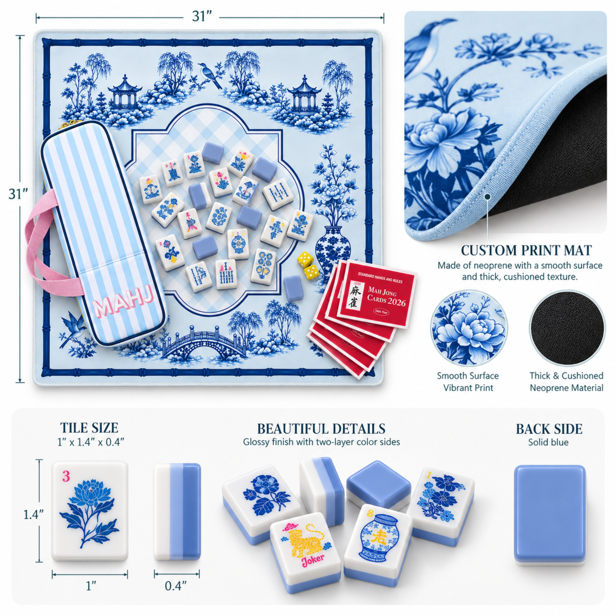 "Blue Chip Mahj" π Blue Porcelain Mahjong Complete Set with Playing Mat by Ellison+Young