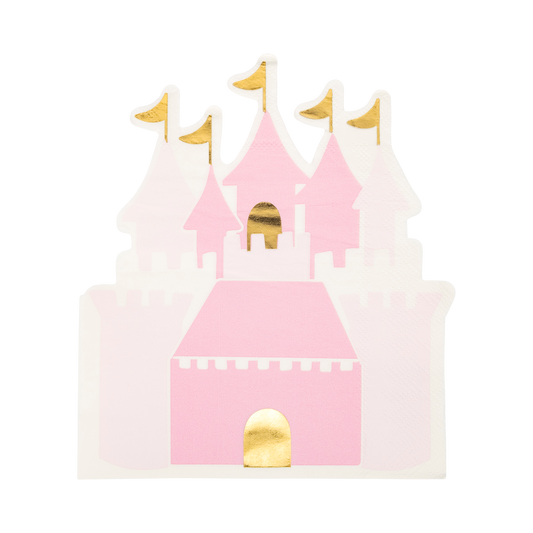 Princess castle-shaped guest napkins, measuring 6" x 7", featuring gold foil accents. Perfect for adding elegance and fun to any royal-themed event or party.