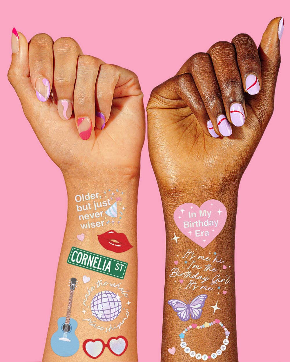 50-pack of shimmer tattoos in colorful Era designs