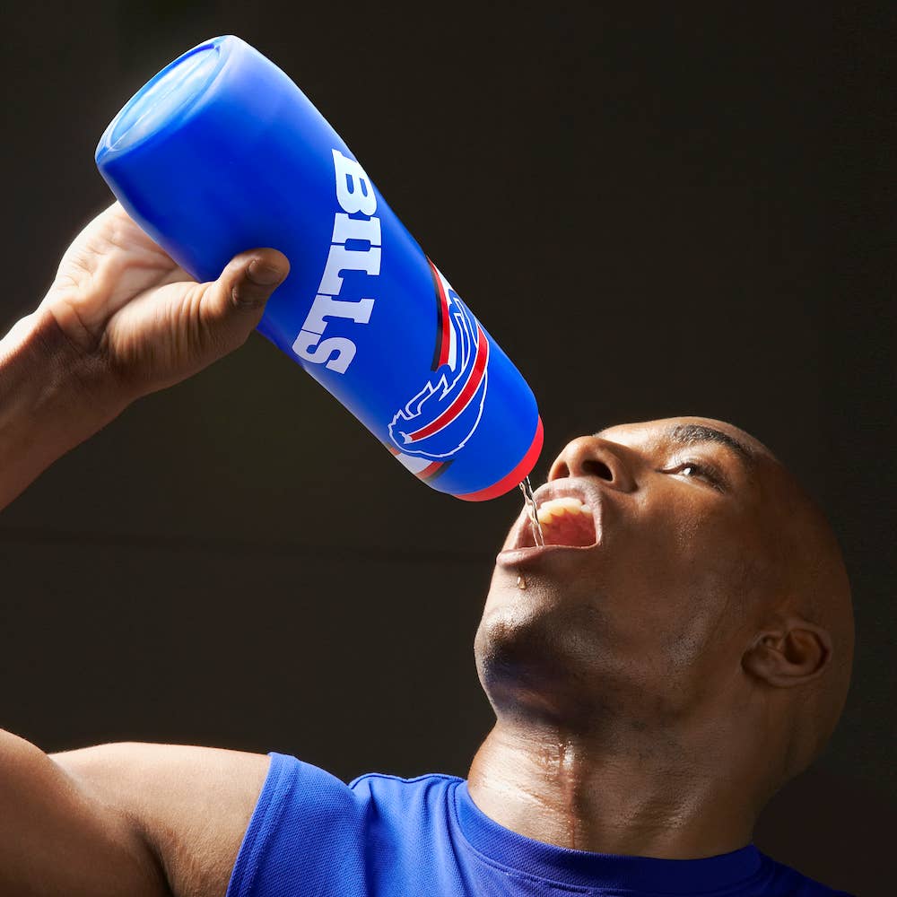 32oz squeezable water bottle with colorful team logos, fast cap, and leak-resistant spout, perfect for cold beverages.