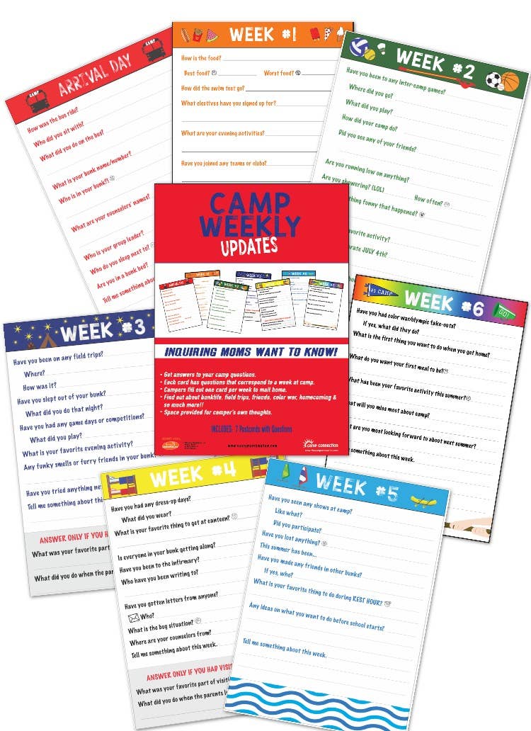 7 themed camp cards plus self-seal envelopes for easy mailing of camper weekly updates