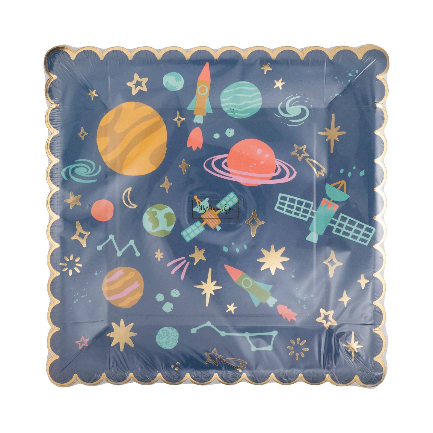 9-inch space pattern square plates, 8 per pack with gold foil, perfect for space-themed events