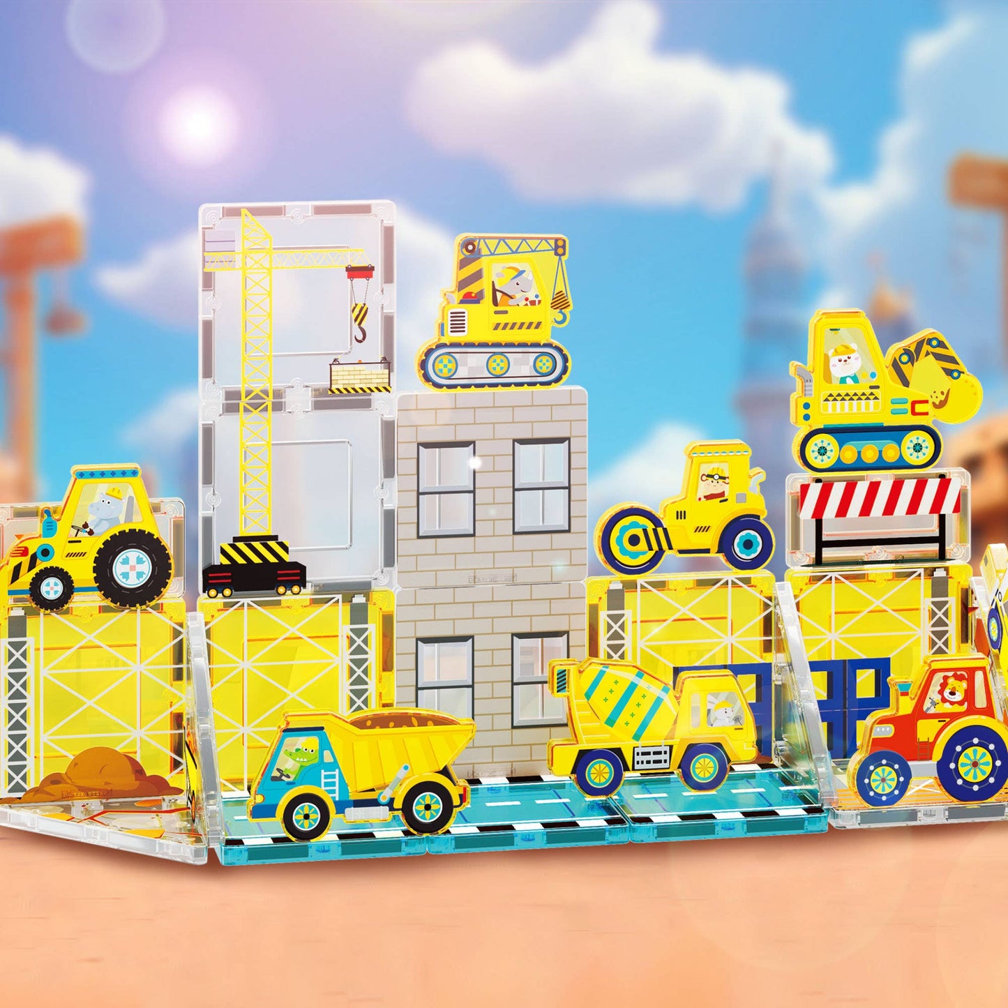 Magnetic city builder with vehicles and tiles