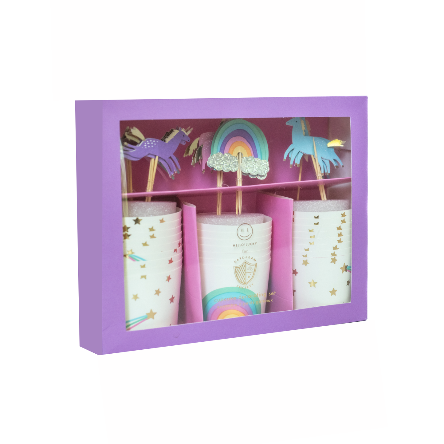Rainbow and unicorn cupcake decorating kit with 5 topper styles, oven safe to 375°F