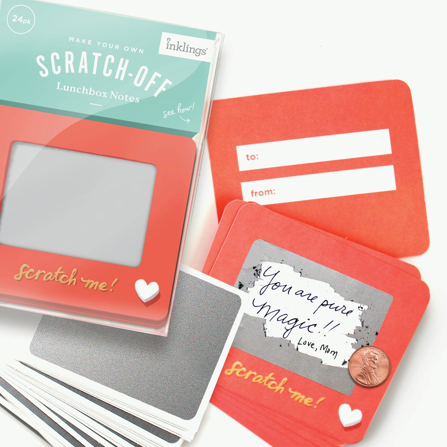 Set of 24 scratch-off lunchbox notes measuring 3.75” x 3.25”, featuring a Scratch-a-Sketch design. Each card includes a blank space for writing personalized messages and a To/From section on the back. Comes with 24 scratch-off stickers for a fun reveal of your hidden message. Perfect for slipping into lunch bags or coat pockets, these tiny notes are packaged in a clear plastic box with dimensions of L 5.25” x W 3.75” x H 1” and include directions for use, making them an ideal surprise for someone special.