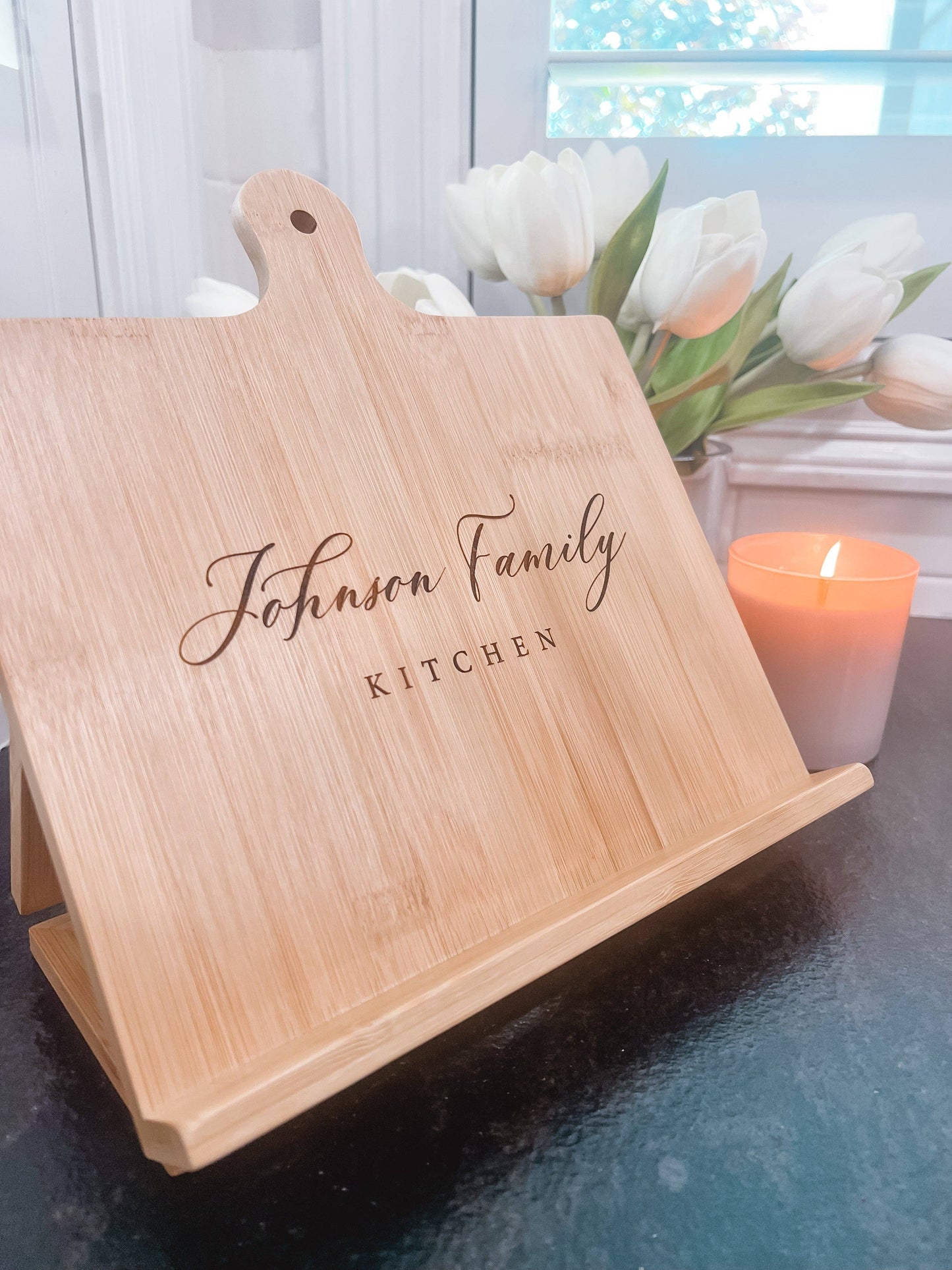 Custom engraved cookbook holder with easel back, 10.6"x10.35", unique kitchen gift