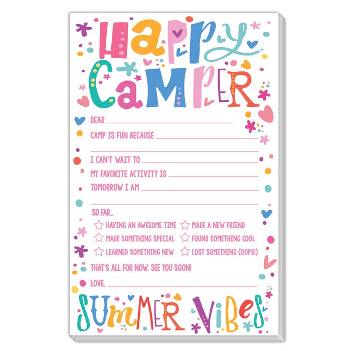 Camper letter writing set with fill-in, lined, blank pages plus matching colorful envelopes