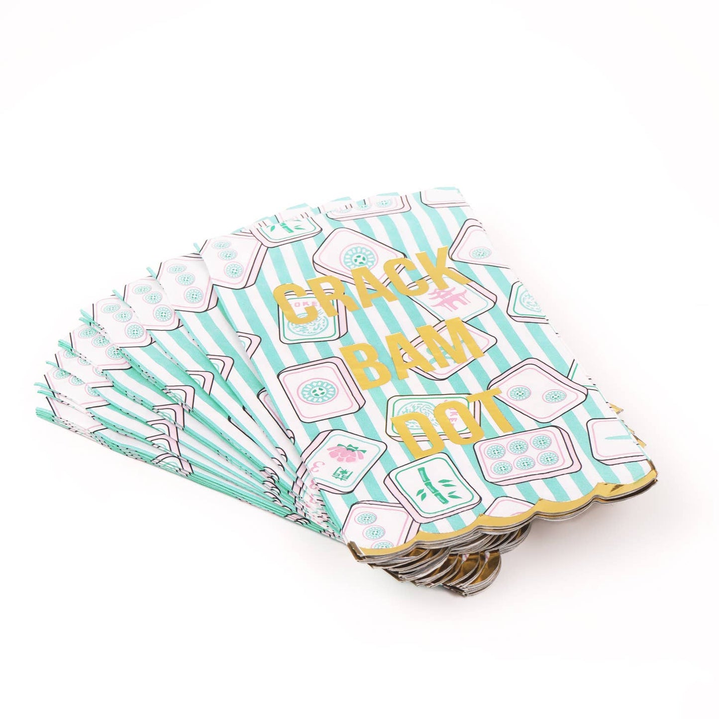 Mahjong Stripe Paper Guest Towels with gold scalloped edges, 16-pack, perfect for game night.