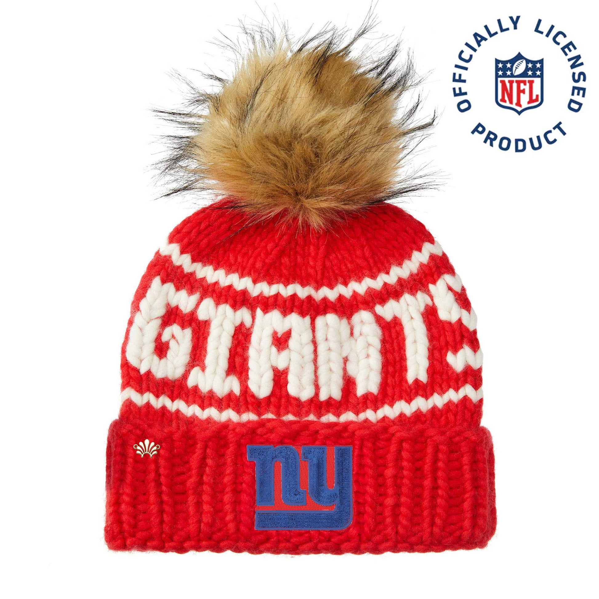 Red New York Giants beanie with faux fur pom