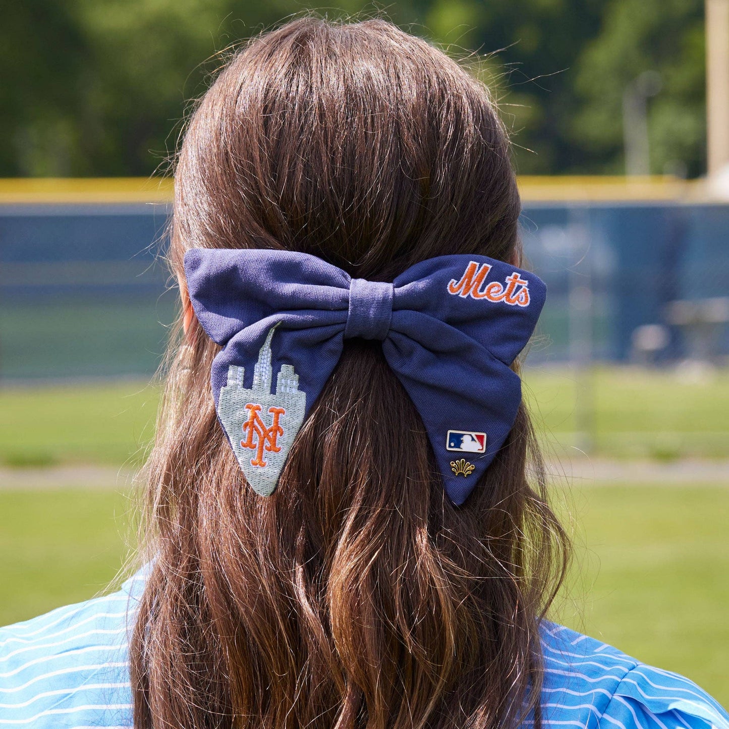 Navy cotton MLB hair bow with NYC embroidery