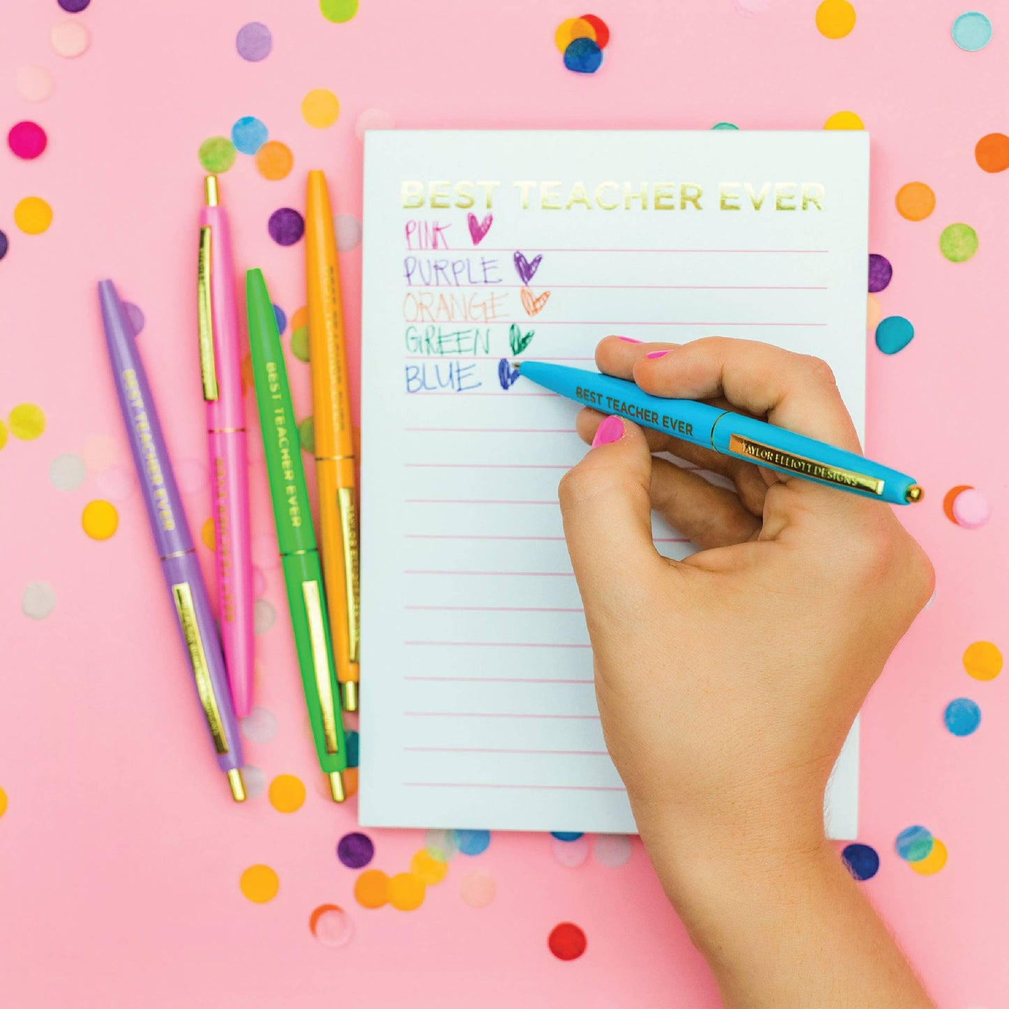 Best Teacher Ever ballpoint pen set with 5 colorful pens, gold foil details, perfect for gifts and desk accessories.