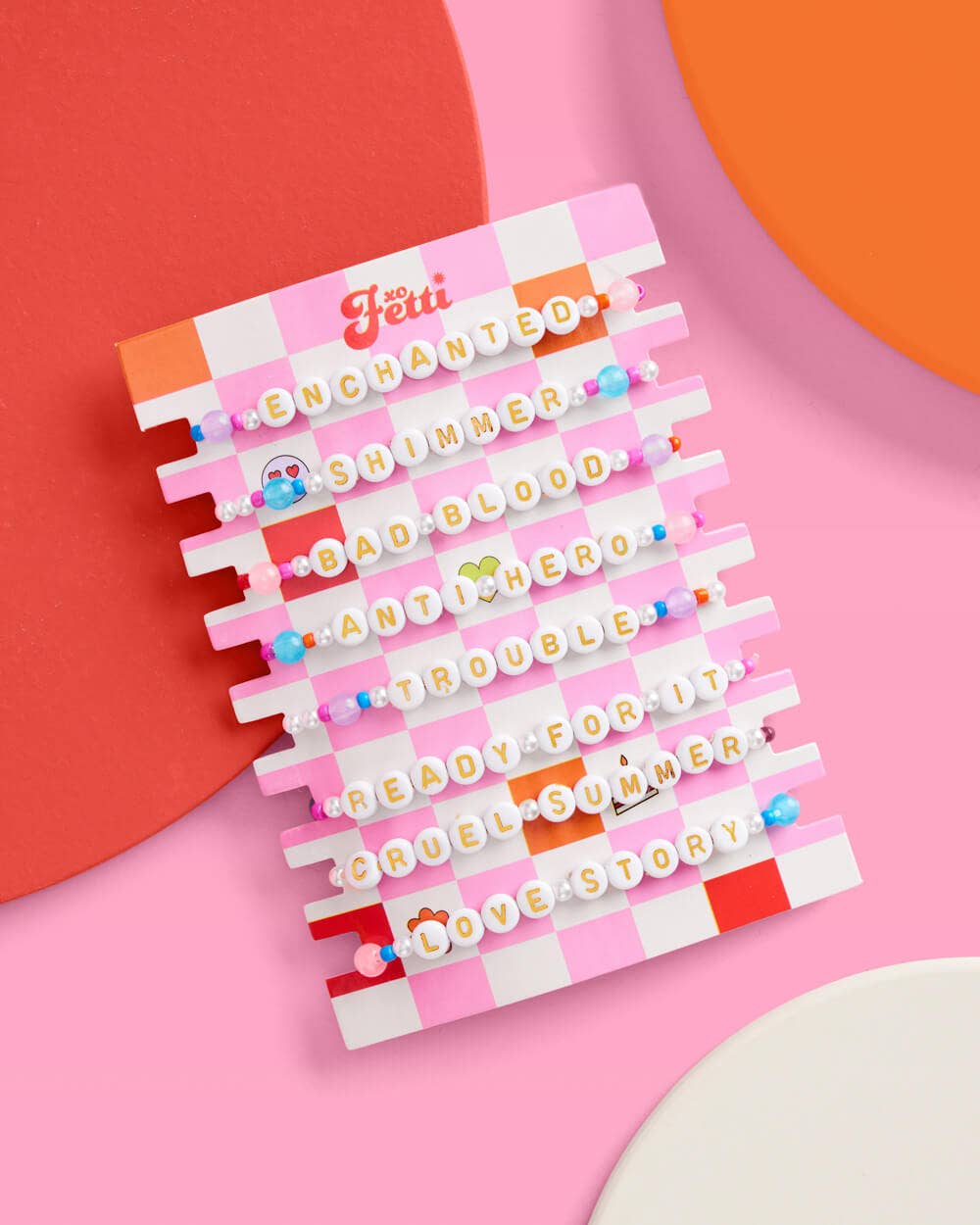 Pop-inspired bracelets with letter beads