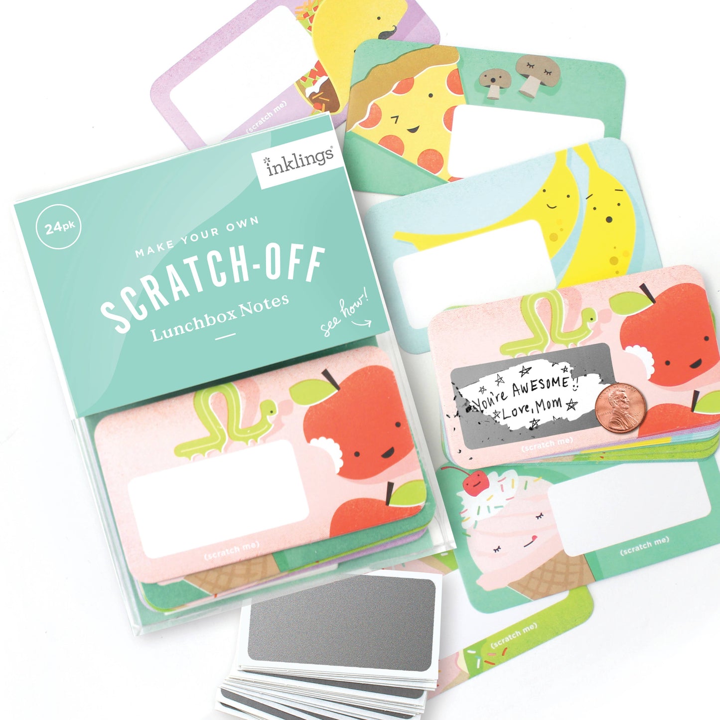 Set of 24 assorted 2” x 3.5” scratch-off cards featuring six animated animal friends with space to write your own hidden message. Includes 24 scratch-off stickers and packaged in a clear plastic box. Fun and interactive cards for kids, party favors, or personalized notes.