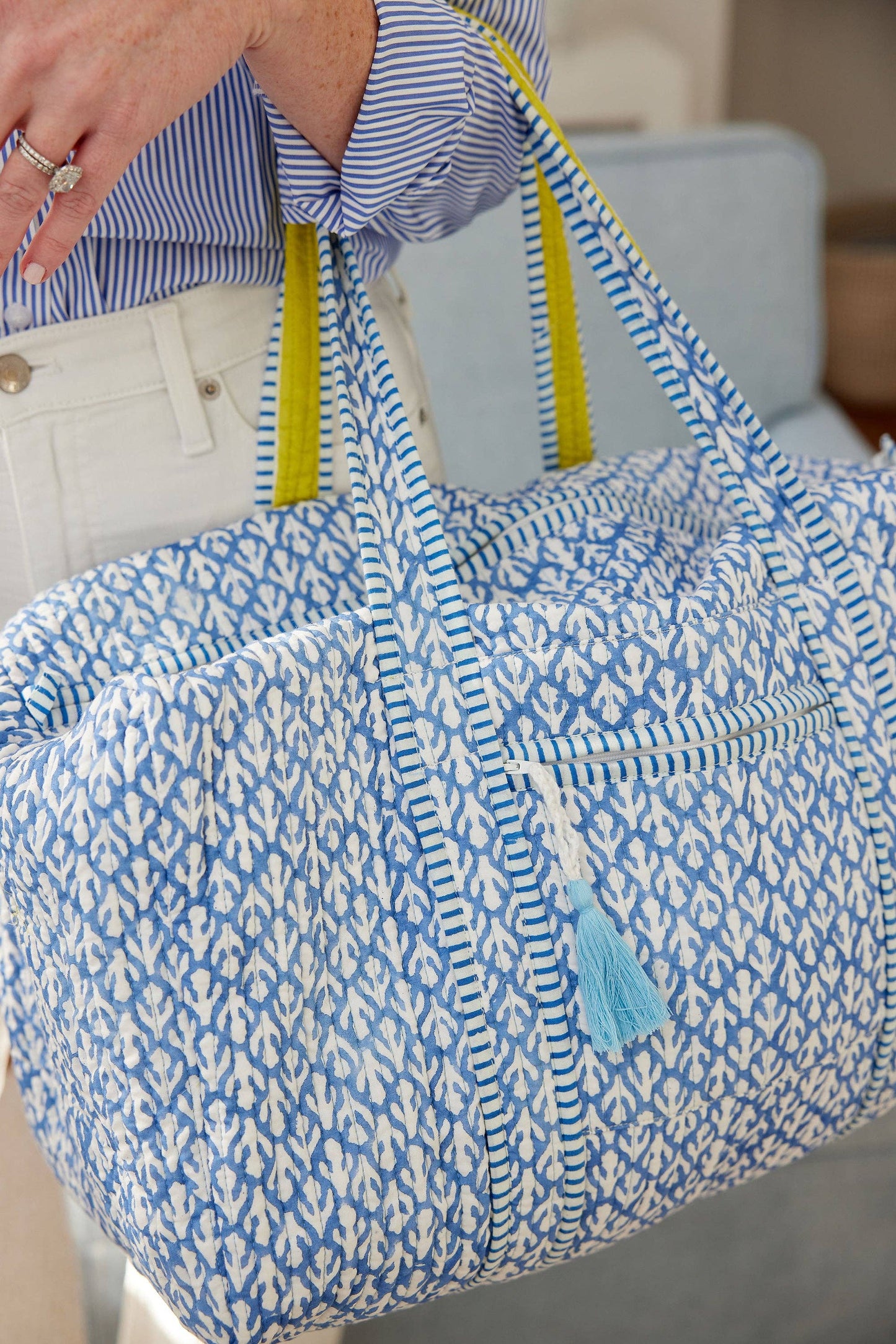 Block print duffel bag 17x14x8.5, cotton, 2 zippered pockets, washable, perfect gym and travel