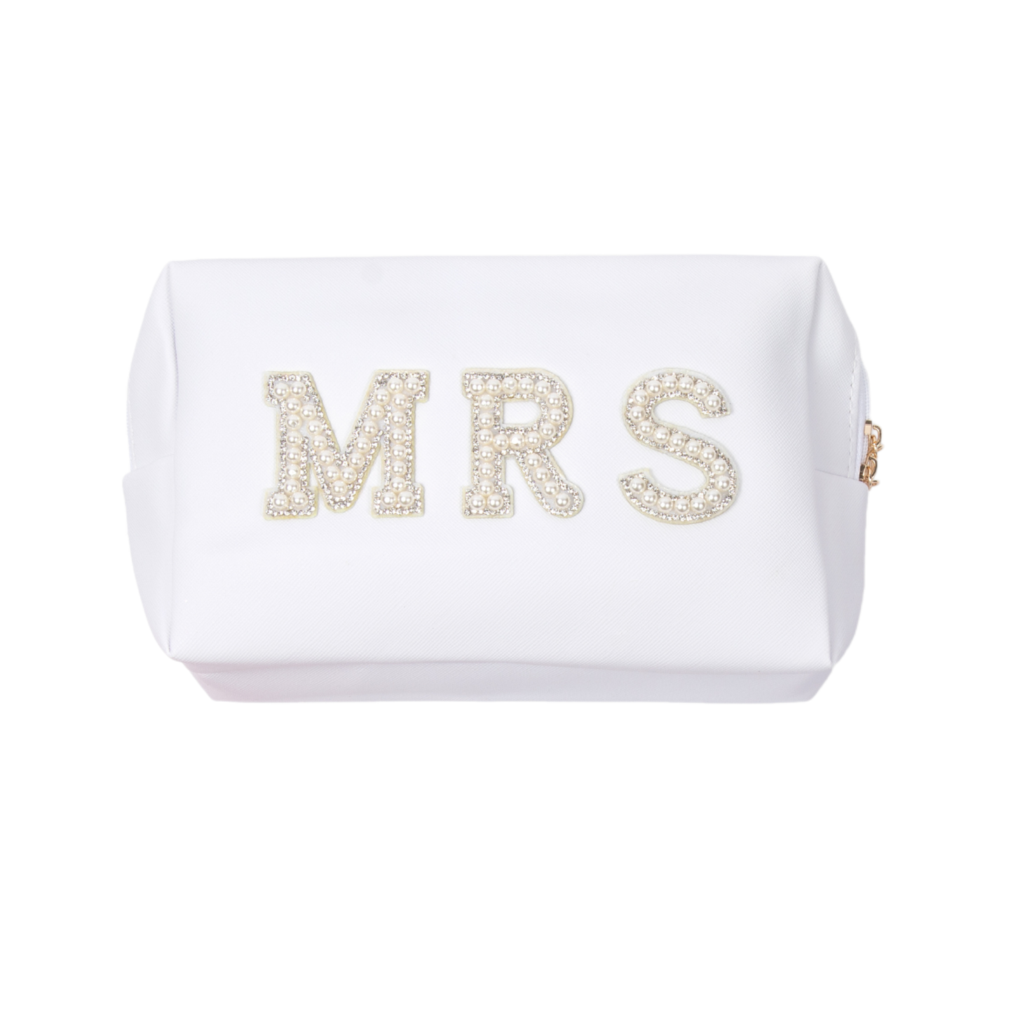 White waterproof makeup bag with pearl and rhinestone patches, gold hardware, travel-friendly