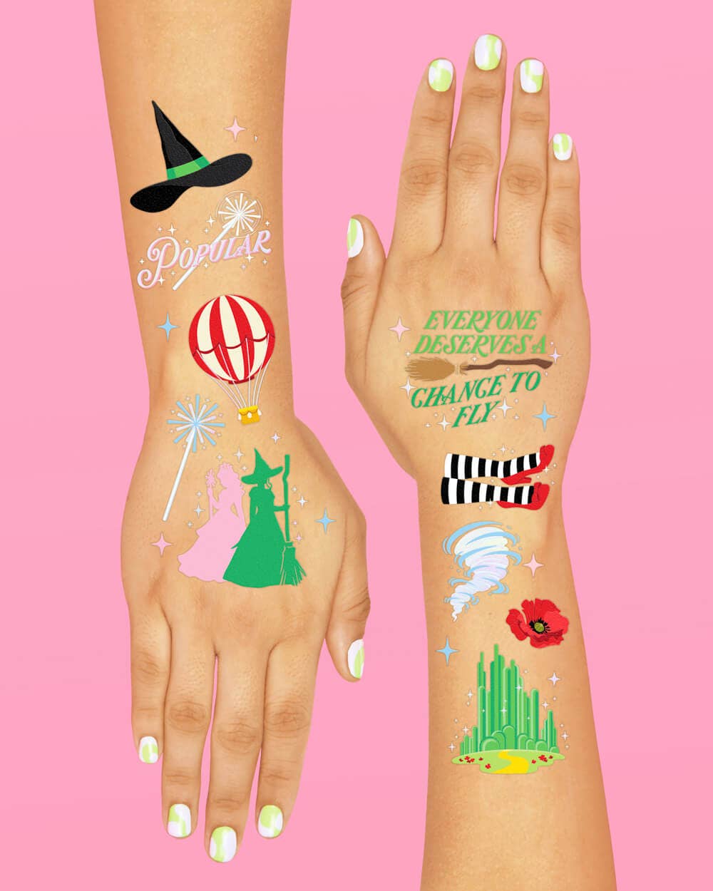 “Emerald City” 💚🩷 Wicked Witch Tats - 52 temporary tattoos kids