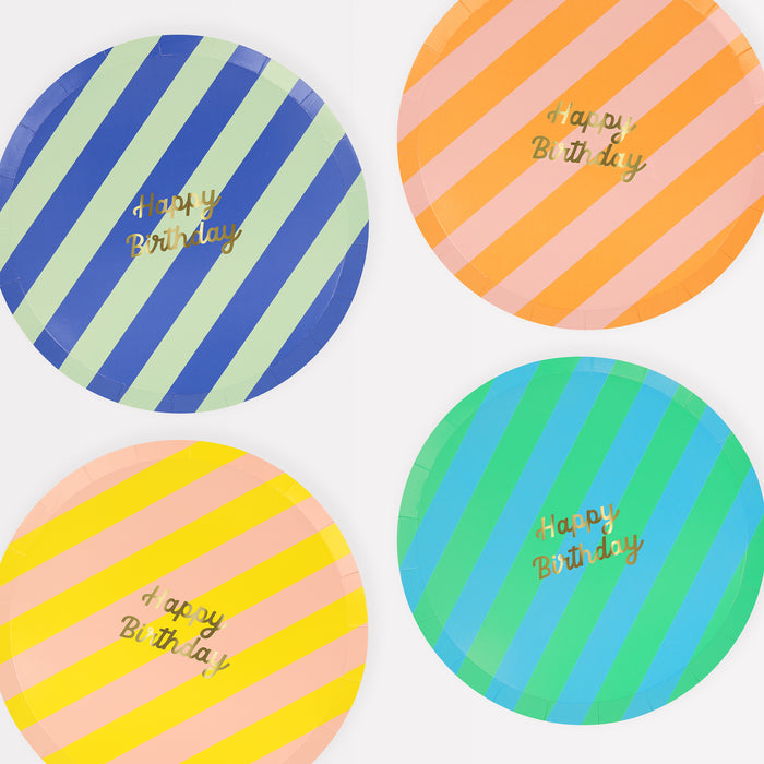 Bold striped birthday plates with gold foil 'Happy Birthday' text, pack of 8, 4 color combos.