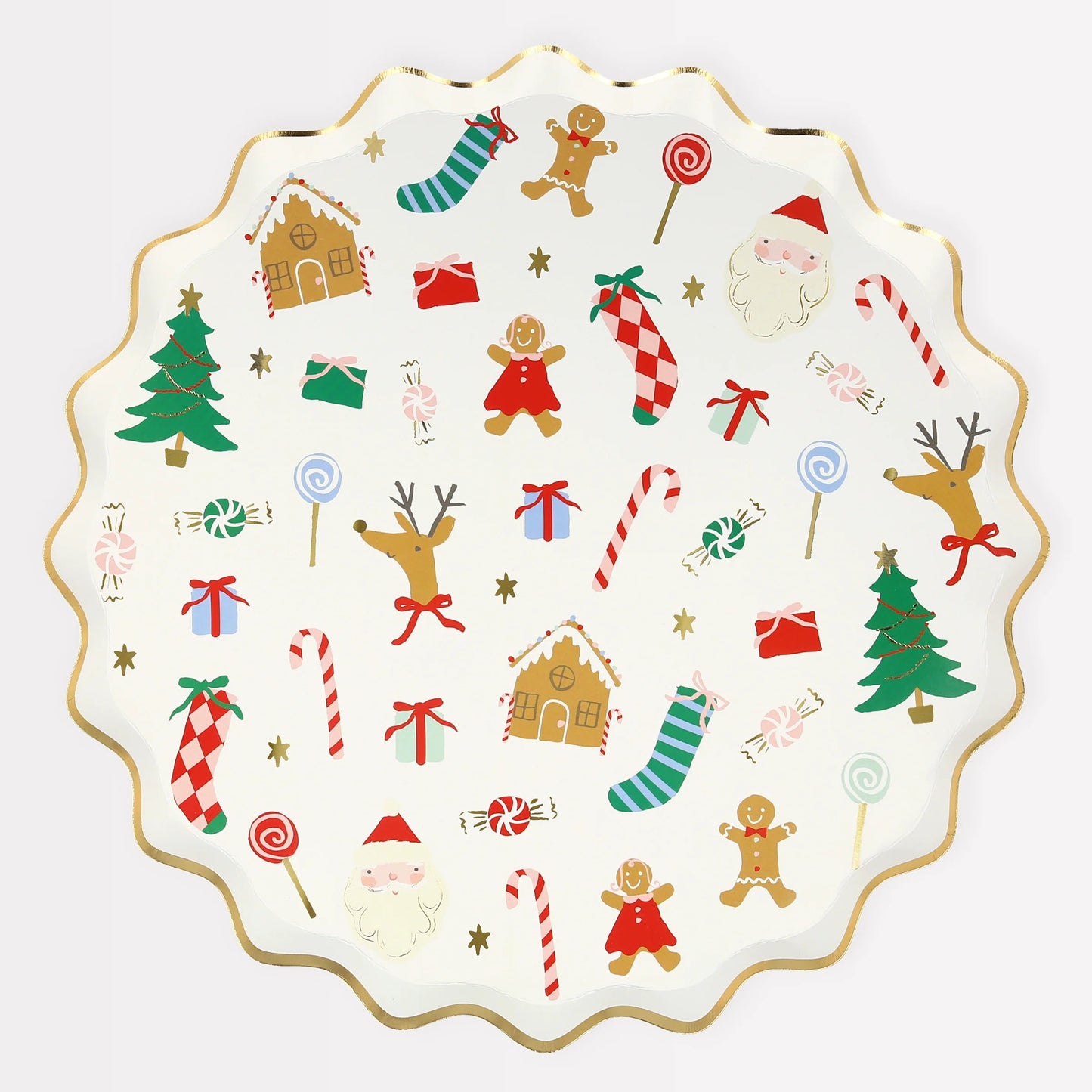 Festive Christmas paper plates with shiny gold foil details, fluted border, and high-quality design.