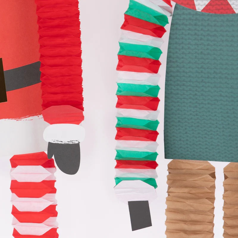 Festive large paper decorations: 2 candy canes, 1 Santa, 1 reindeer with honeycomb details and gold foil accents – perfect for Christmas.
