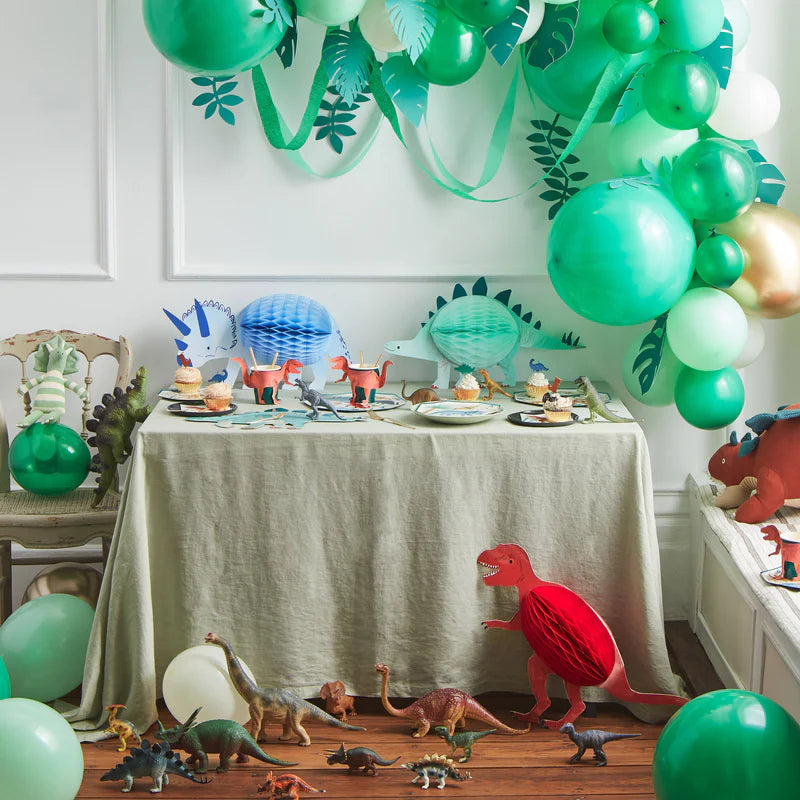 Dinosaur party decorations with 3D honeycomb centers, pack of 3 in bright tissue paper