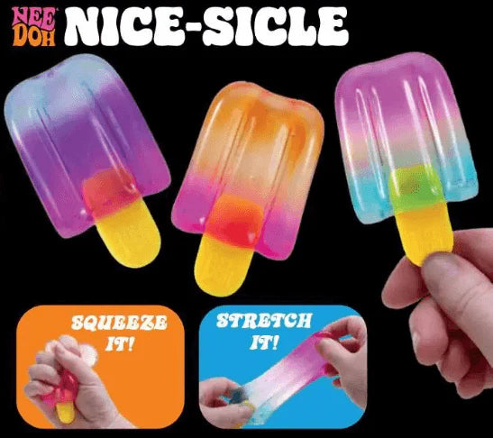 Colorful 'Nee Doh Nice-Sicle' toy with gradient design and text indicating squeezing and stretching features.