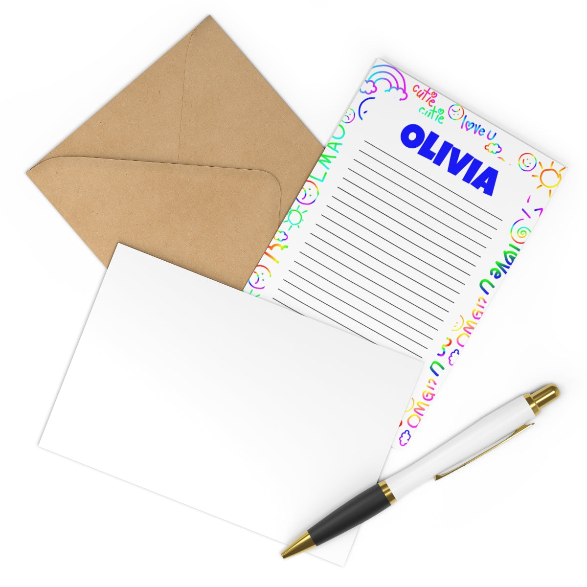 Custom camper-themed stationery set featuring 7 flat note cards printed on premium smooth white cardstock, paired with craft brown envelopes. Personalize with your name for a unique touch. Perfect for personalized notes or as a thoughtful gift