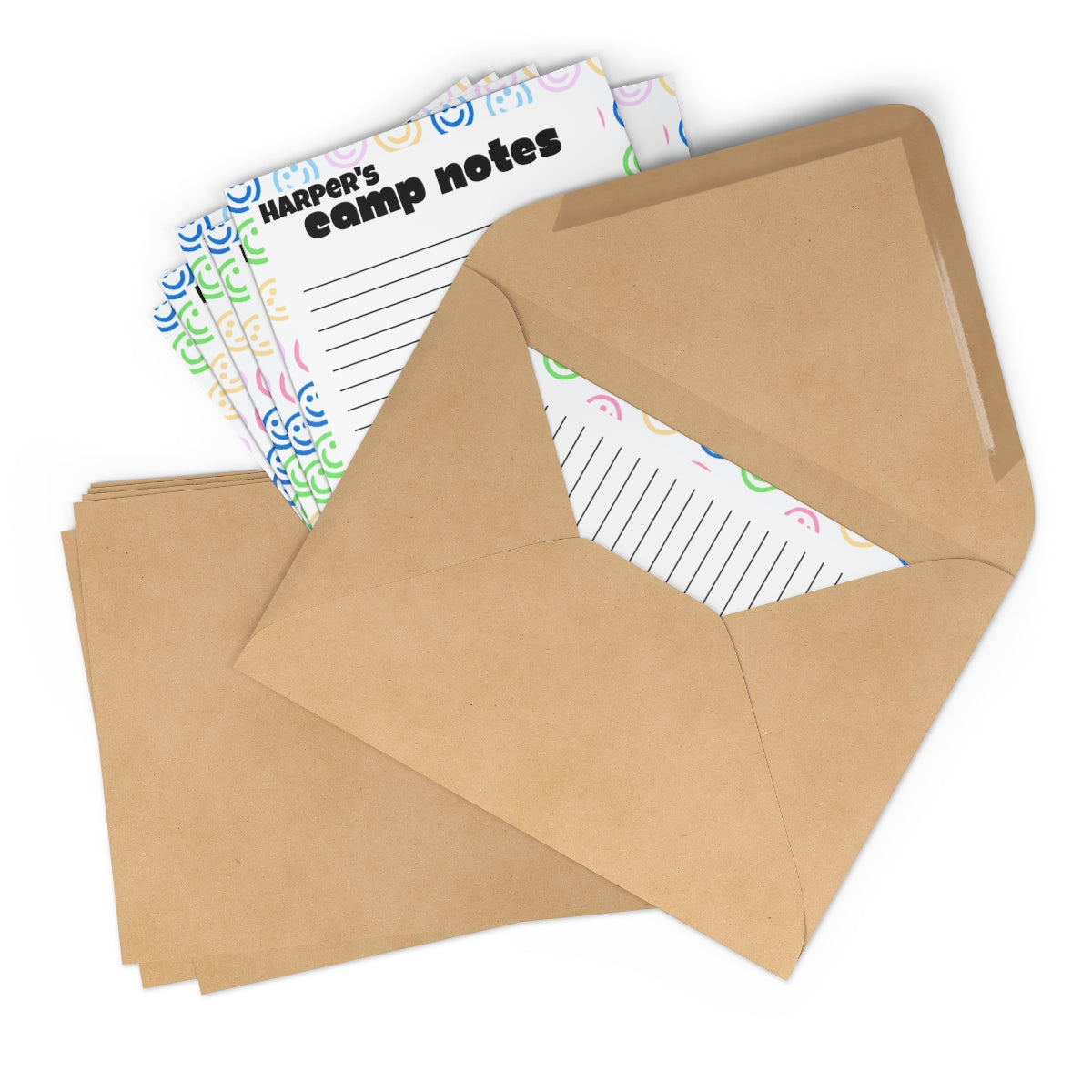 Customizable 7-Piece Postcard Set for Campers, featuring bright white matte finish and craft paper envelopes. Perfect for sending home memories from camp in either portrait or landscape format.
