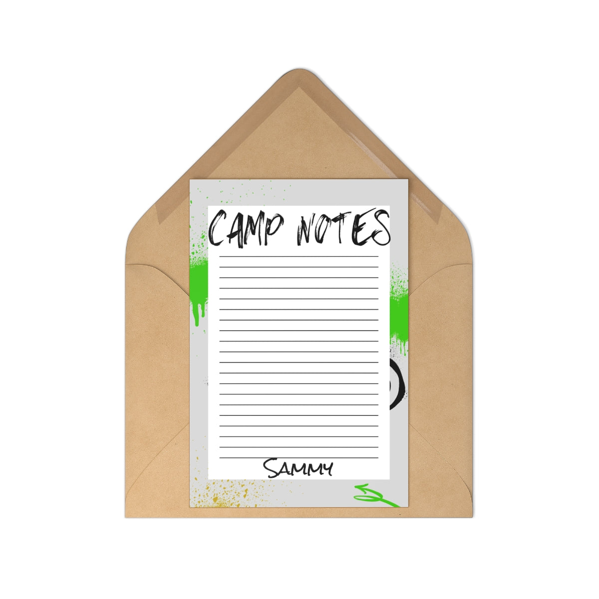 Personalized camp stationery setโ10 notecards and envelopes. Groovy design, lined for easy writing, and customizable with your child's name. Ideal for camp notes and memories.