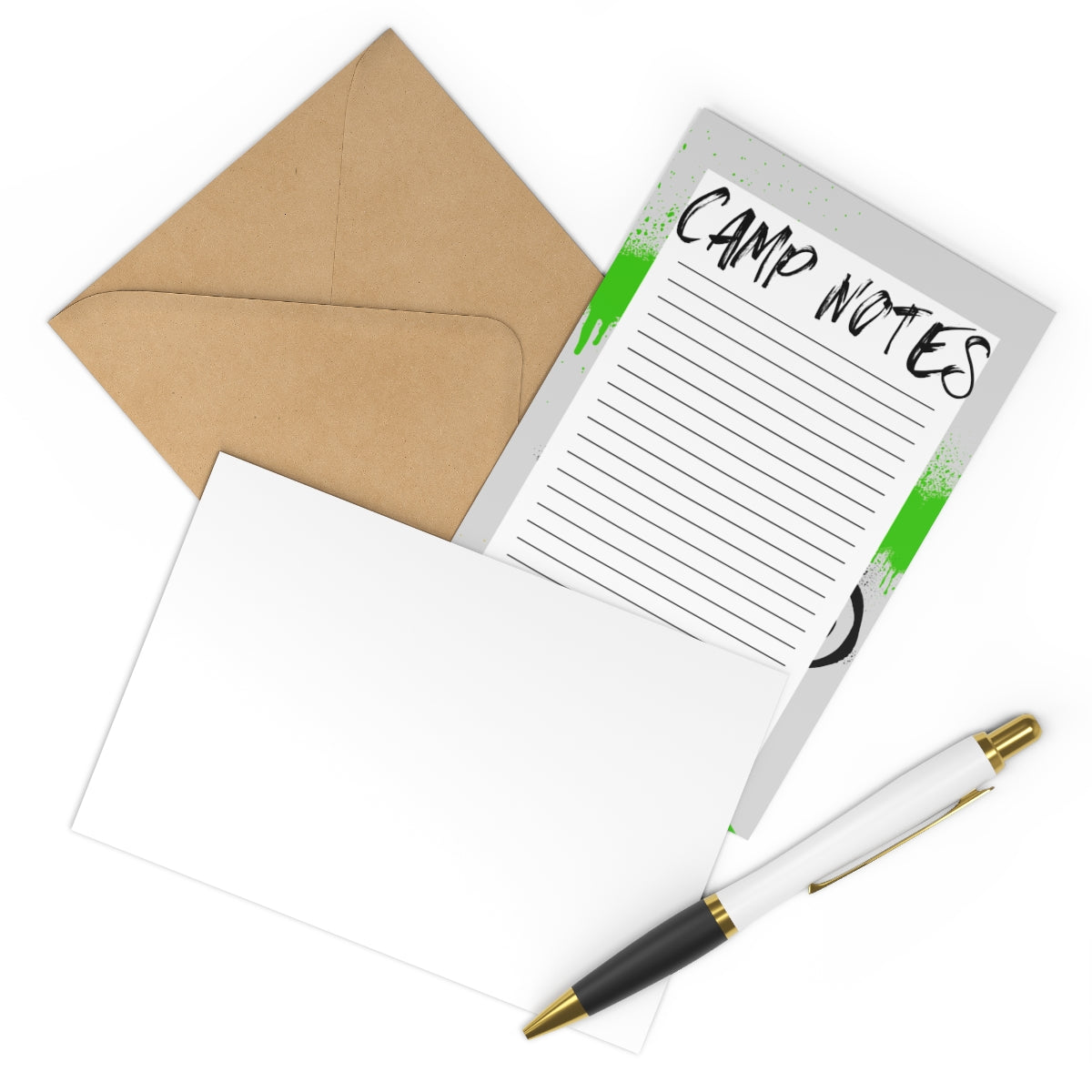 Personalized camp stationery setโ10 notecards and envelopes. Groovy design, lined for easy writing, and customizable with your child's name. Ideal for camp notes and memories.