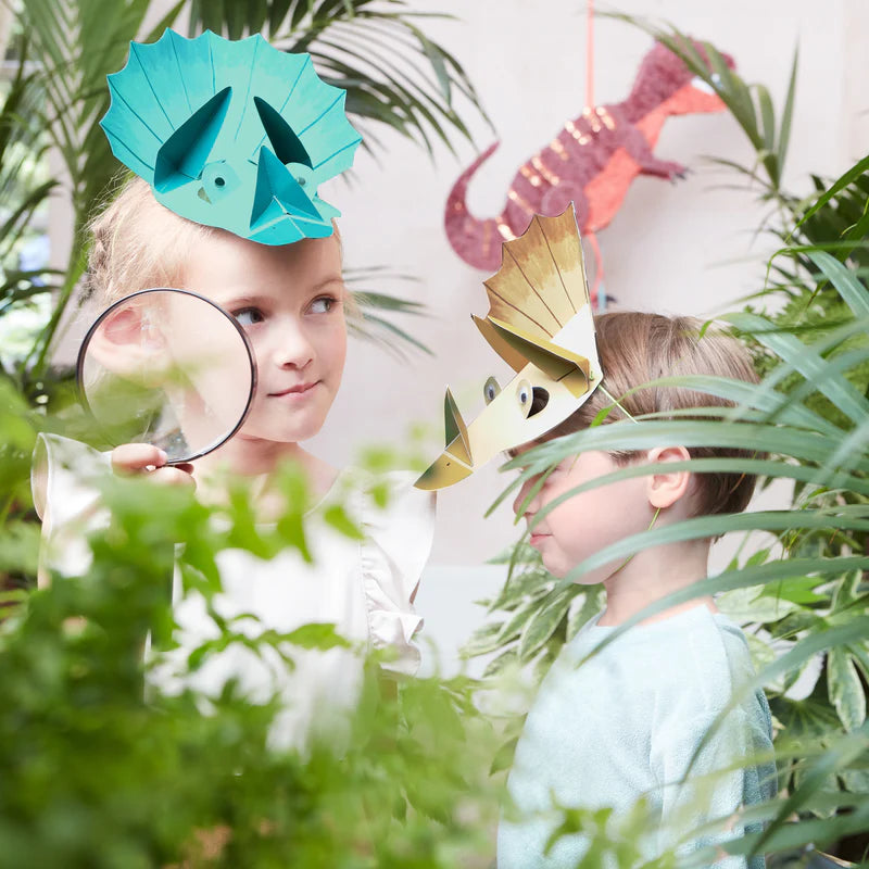Dinosaur party hats with googly eyes and elastic, Triceratops design, set of 8 for kids