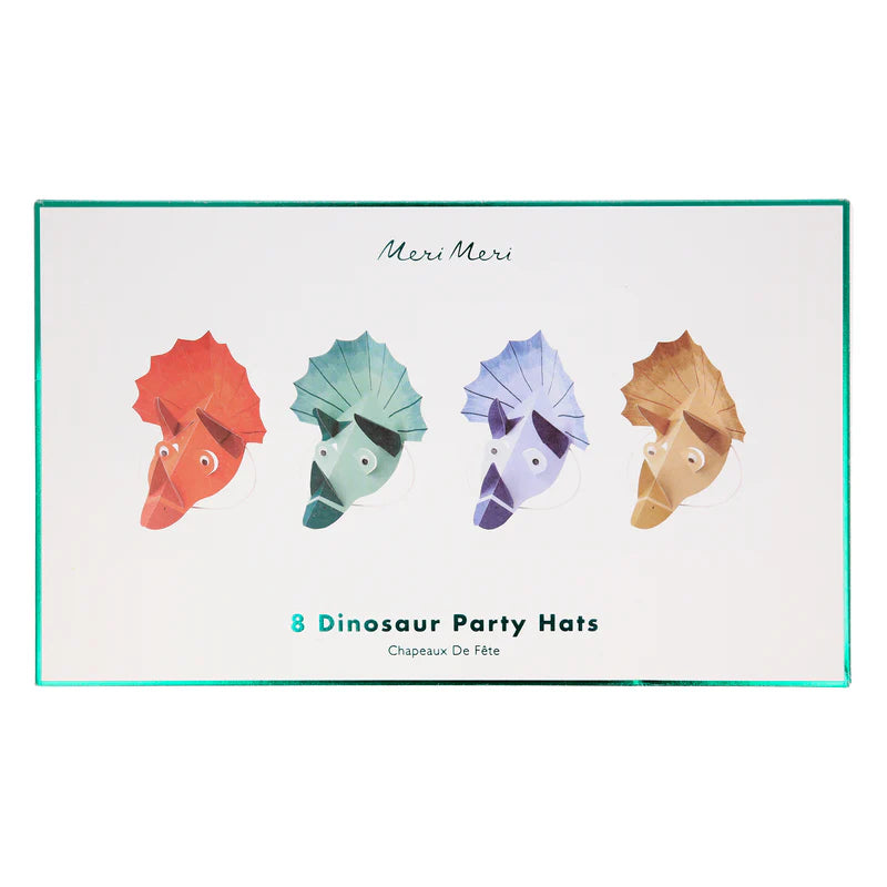 Googly eye Triceratops hats for kids’ parties, dinosaur design in 4 colors, set of 8