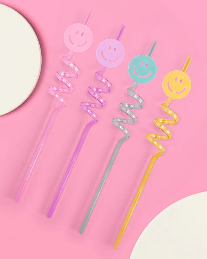 Smiley Face Twirly Straws – 16-Pack Reusable Straws with Acrylic Charms!