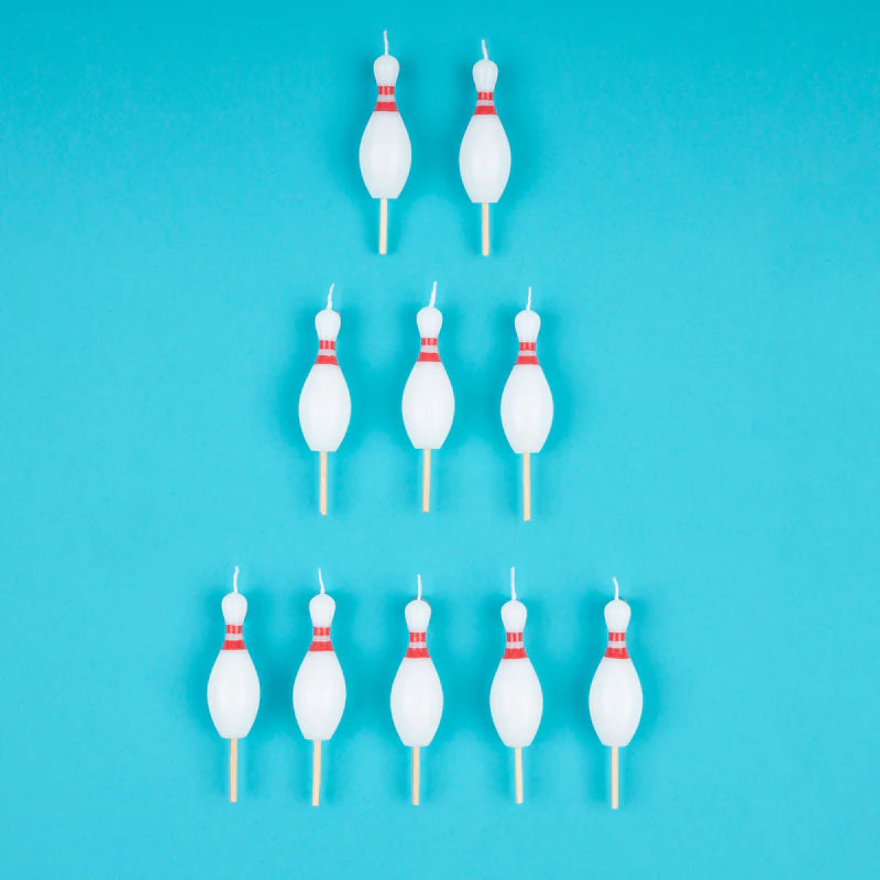 Pack of 10 bowling pin candles, 3D molded wax, 3-inch height, perfect for bowling parties