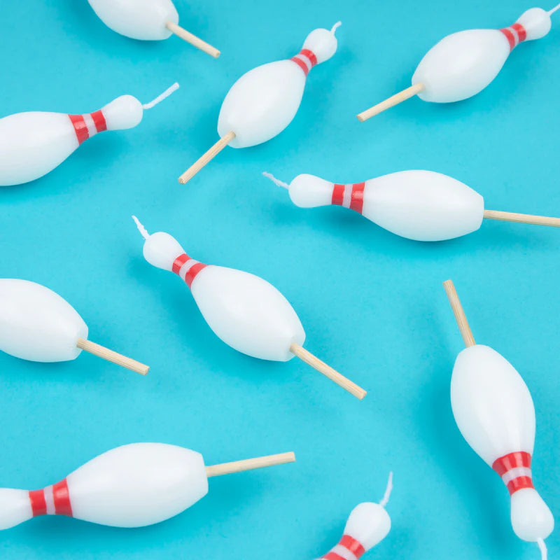 Bowling party candles shaped like pins, 10-pack, 3 inches tall, wooden sticks included