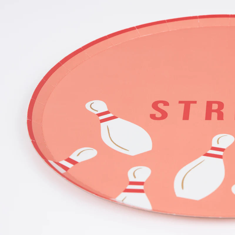 Strike bowling party plates with gold foil, 8-pack, colors light blue, dark blue, coral, green