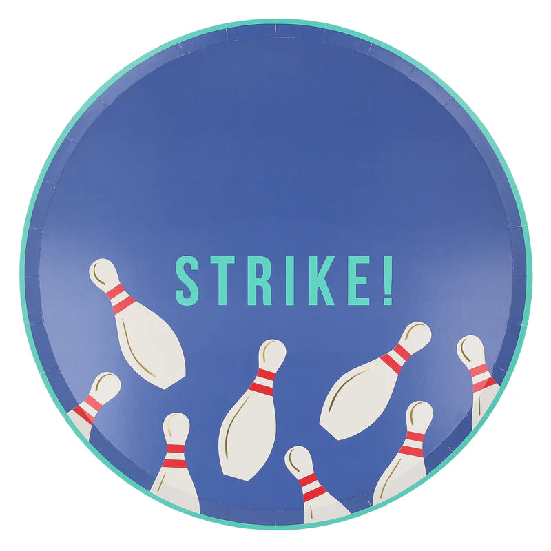Bowling pin design plates with “Strike!” text, pack of 8, gold foil detail, 10.5" diameter